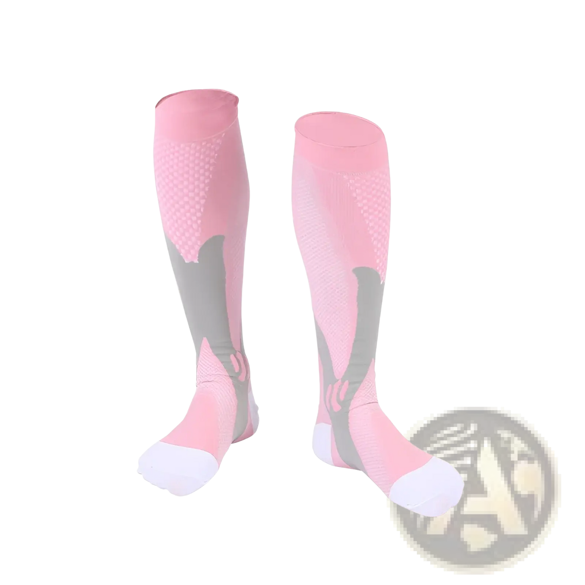 Pink and gray compression soccer socks with mesh texture and white toe caps designed for athletic use