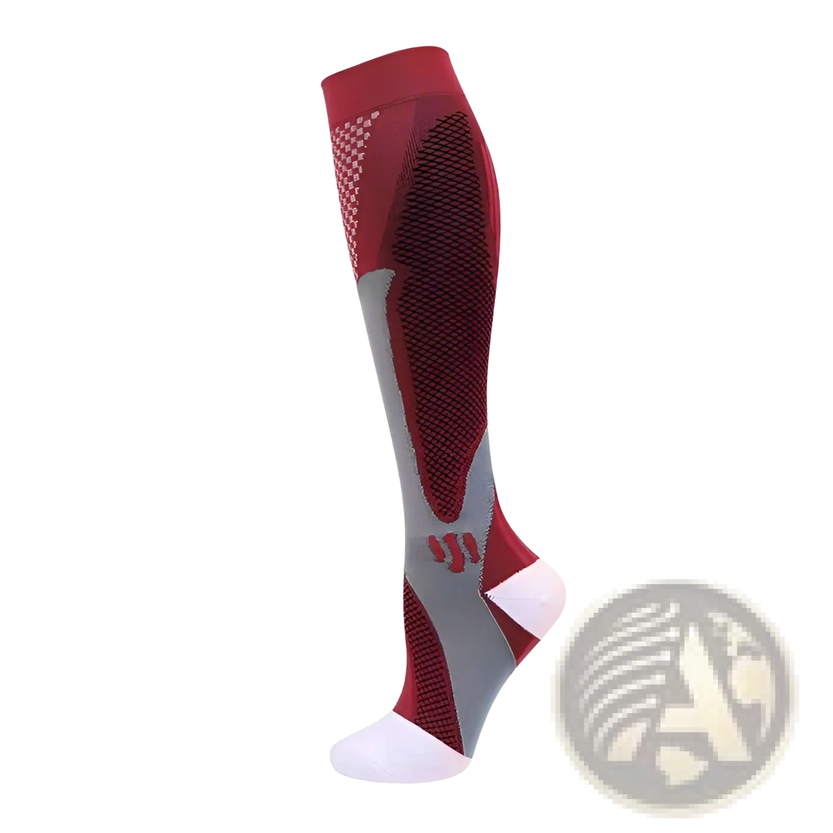 Maroon and gray compression soccer socks with white toe and heel featuring breathable mesh design for athletic use