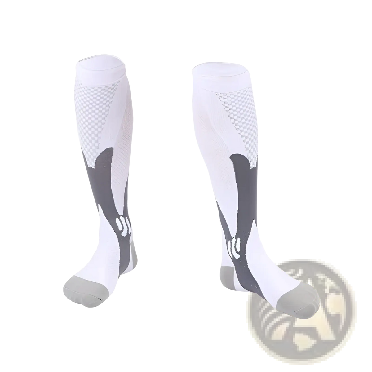 White and gray compression soccer socks with mesh design on upper leg for athletic leg support