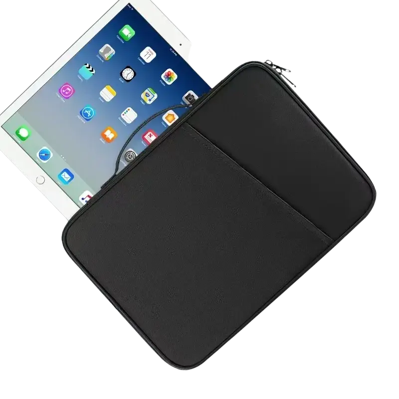 Black textured padded nylon computer bag laptop sleeve with zipper closure and front pocket for ipad