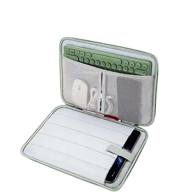 Gray padded nylon computer bag tablet sleeve with mesh compartments designed to securely hold keyboard mouse phone and cables