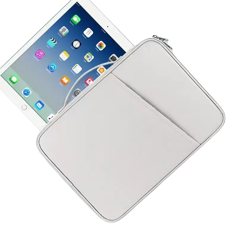 Light gray padded nylon computer bag tablet sleeve with zipper closure and stitched edges for device protection