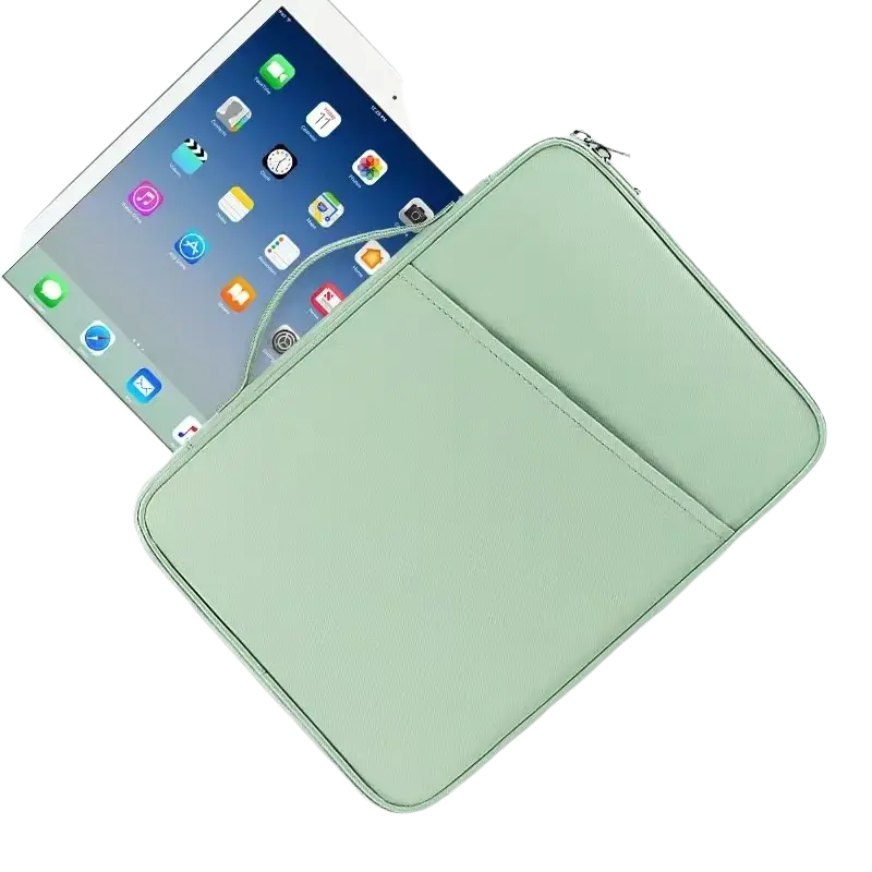 Mint green faux leather padded nylon tablet sleeve with zipper closure and interior pocket computer bag