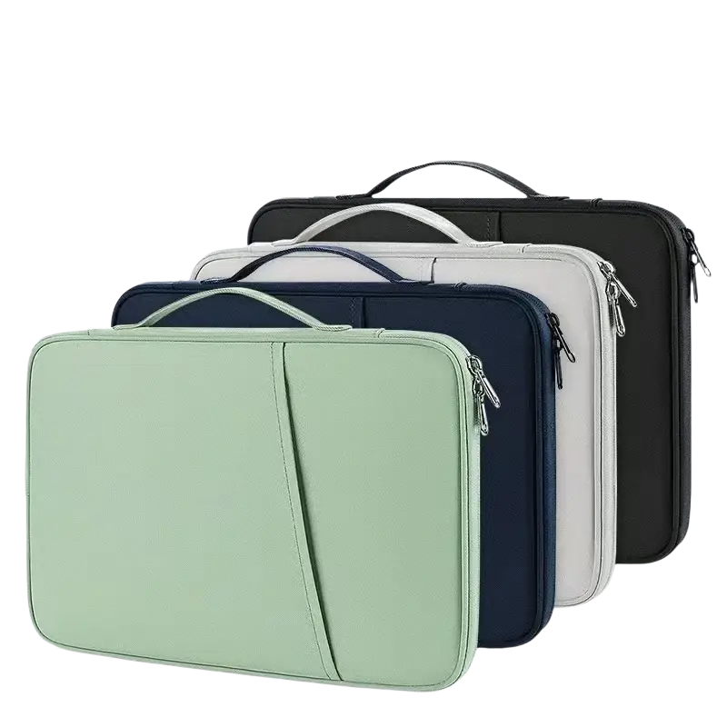 A sleek light green padded nylon computer bag tablet sleeve with minimalist design and silver contrasting zippers