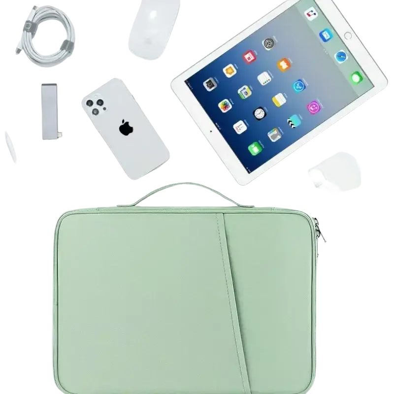 A soft mint green padded nylon computer bag with top handle and zipper closure for tablet protection