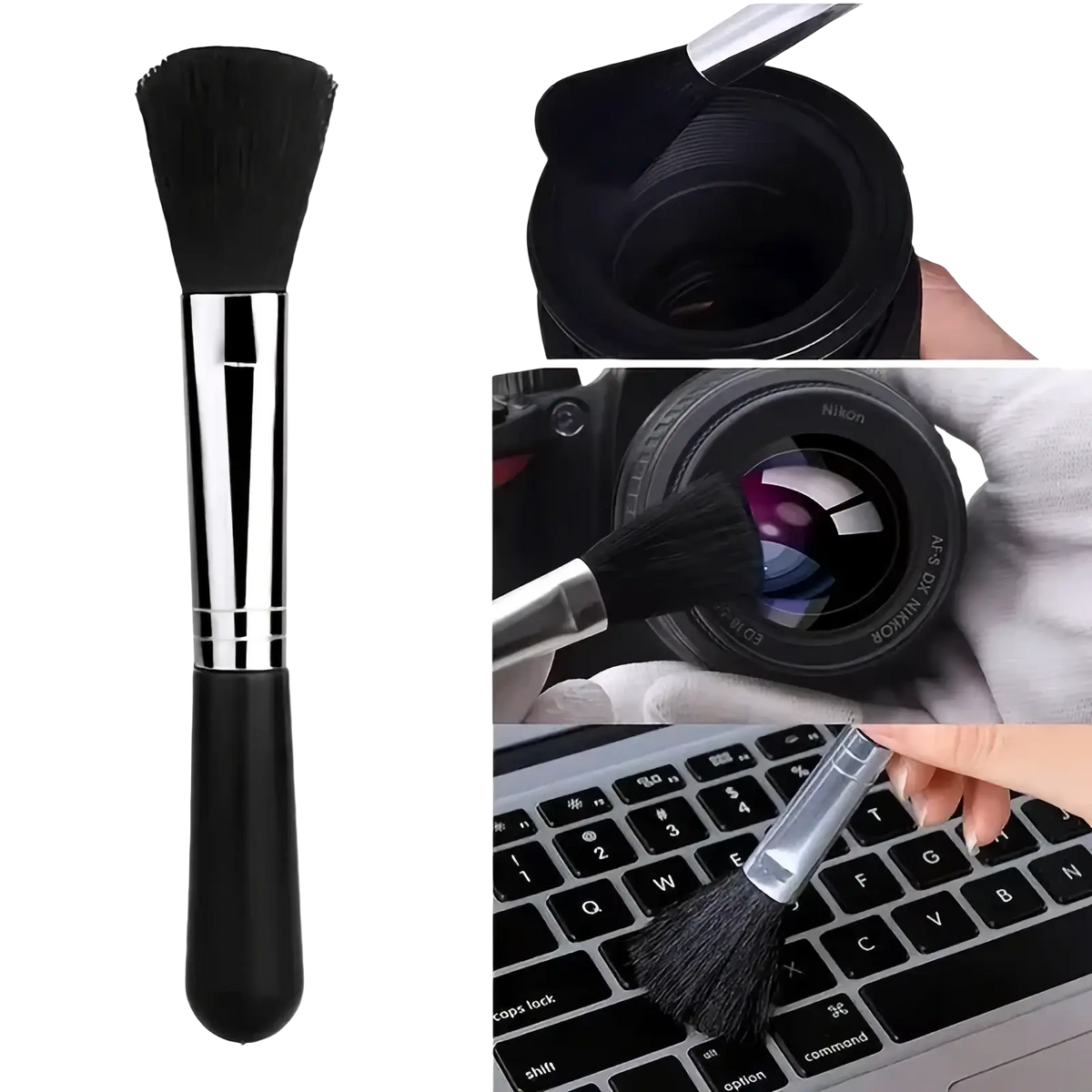 Black bristle lens cleaning brush with sleek silver and black handle in computer cleaning kit for electronics maintenance