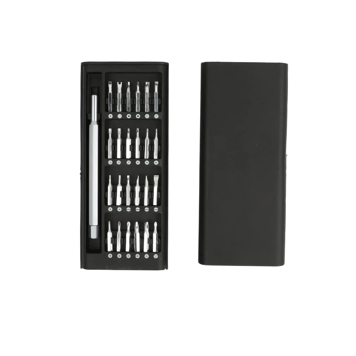 Black case containing a silver screwdriver with multiple precision bits organized for computer cleaning kit and electronics maintenance set