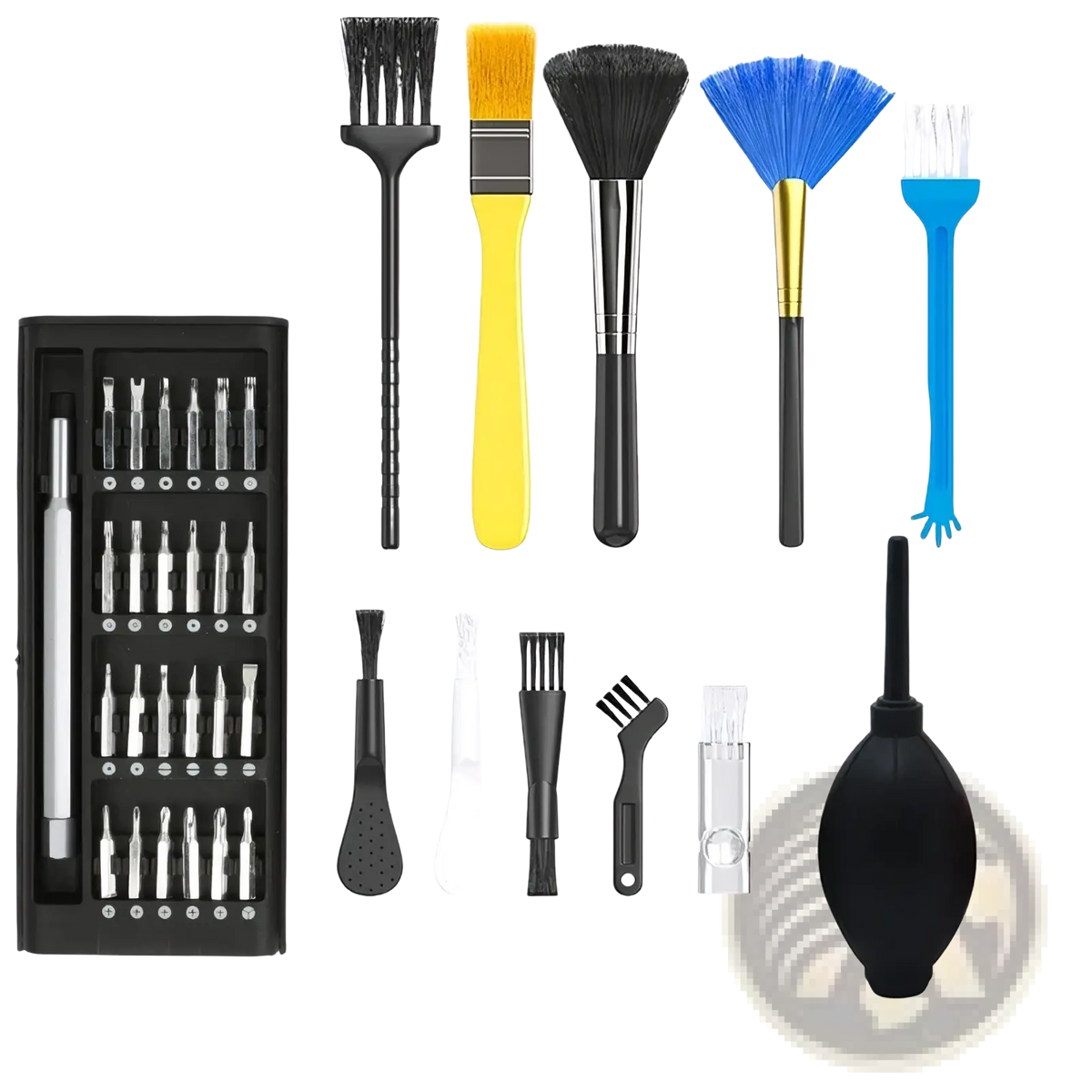 Black plastic case with 24 precision metallic screwdriver bits and silver handle for computer cleaning and electronics maintenance kit