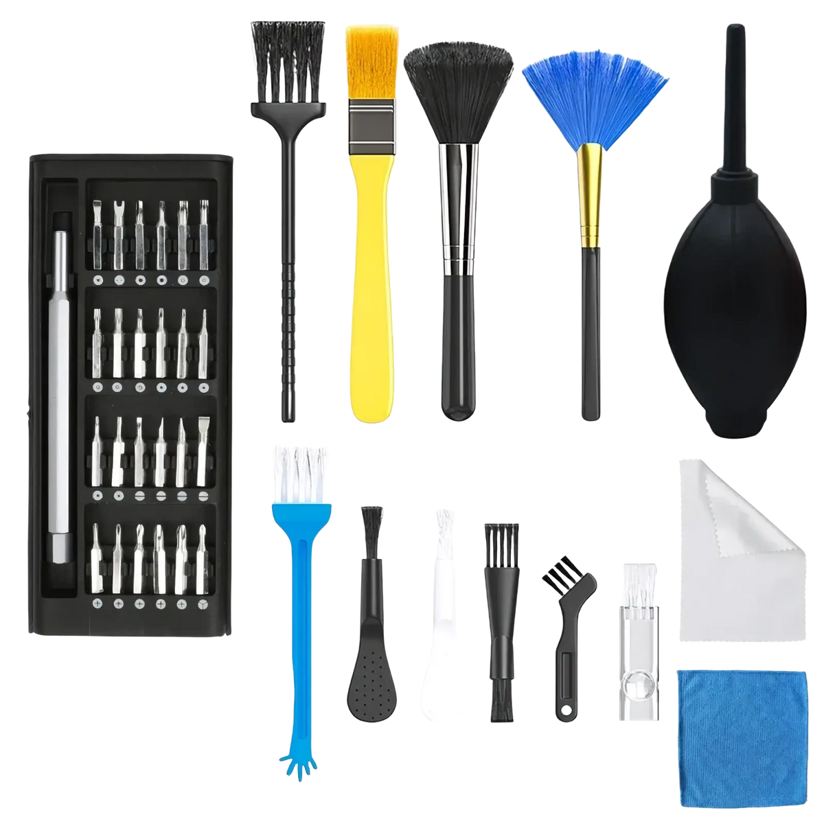Black plastic case with 24 silver metal precision screwdriver bits and silver driver for computer cleaning kit and maintenance