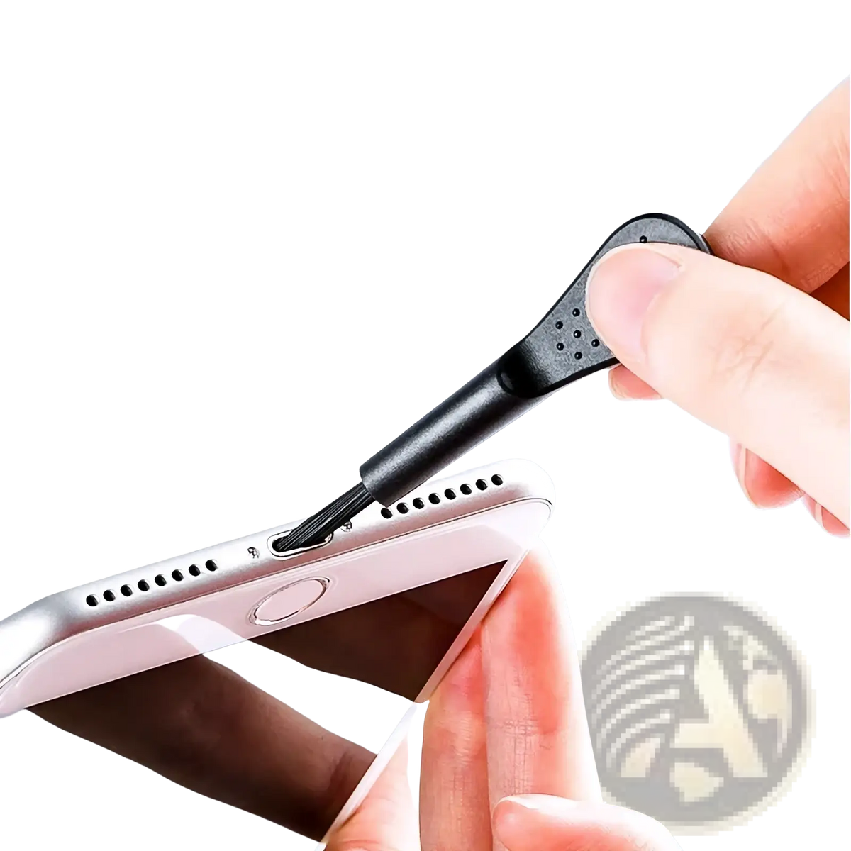 Black plastic phone cleaning brush with soft bristles and textured grip from computer cleaning kit and electronics maintenance set