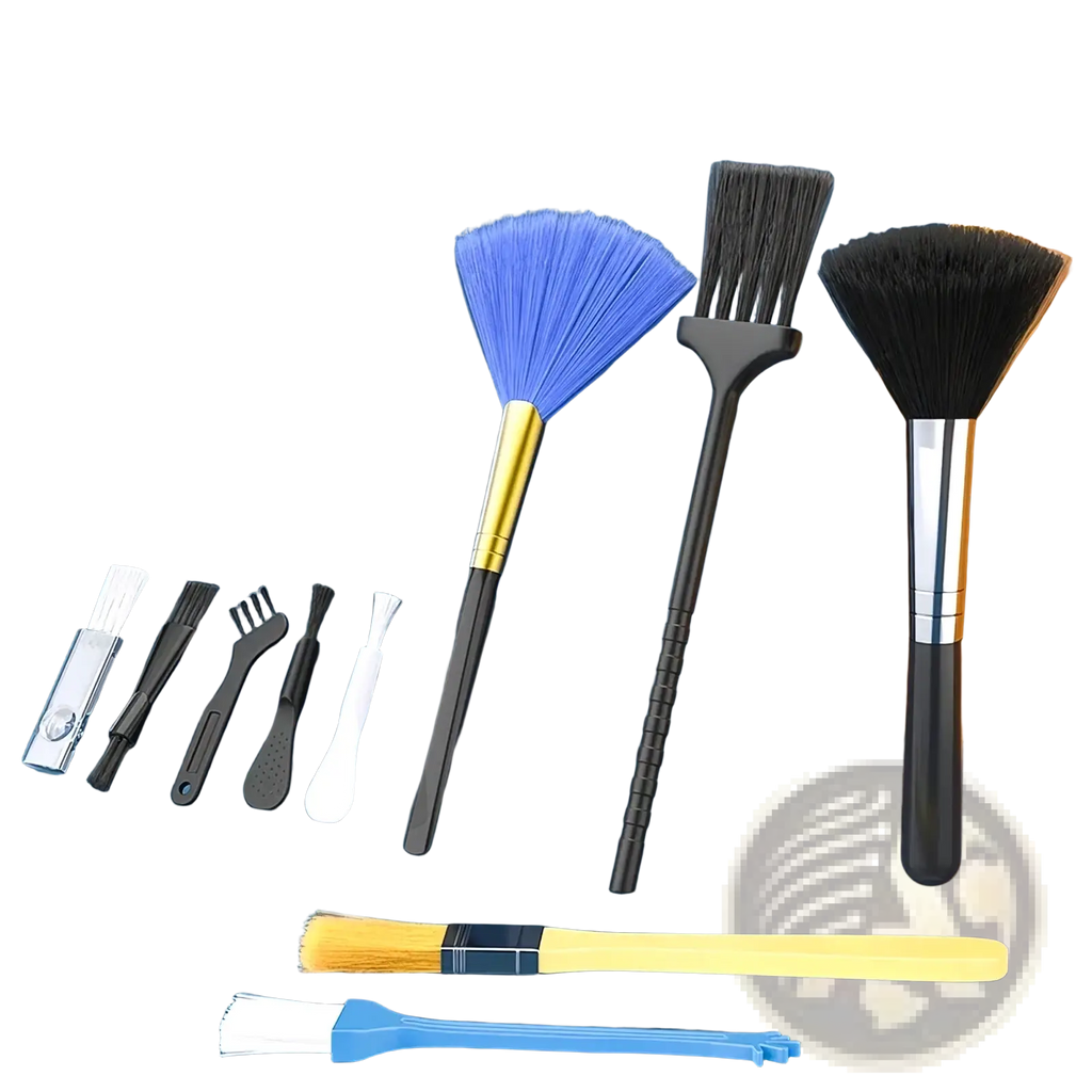 Set of computer cleaning kit brushes with assorted colored bristles and mixed material handles for electronics maintenance