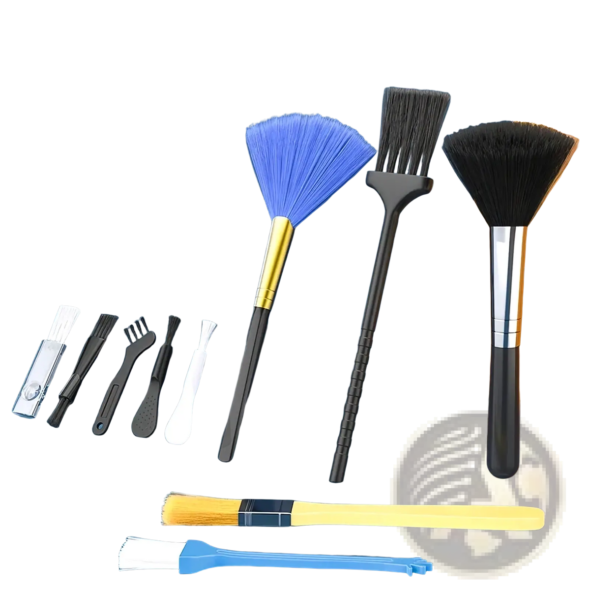 Set of computer cleaning kit brushes with assorted colored bristles and mixed material handles for electronics maintenance