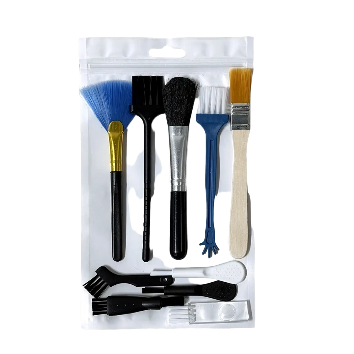 Set of five computer cleaning brushes with blue black and wooden handles in clear plastic package for electronics maintenance