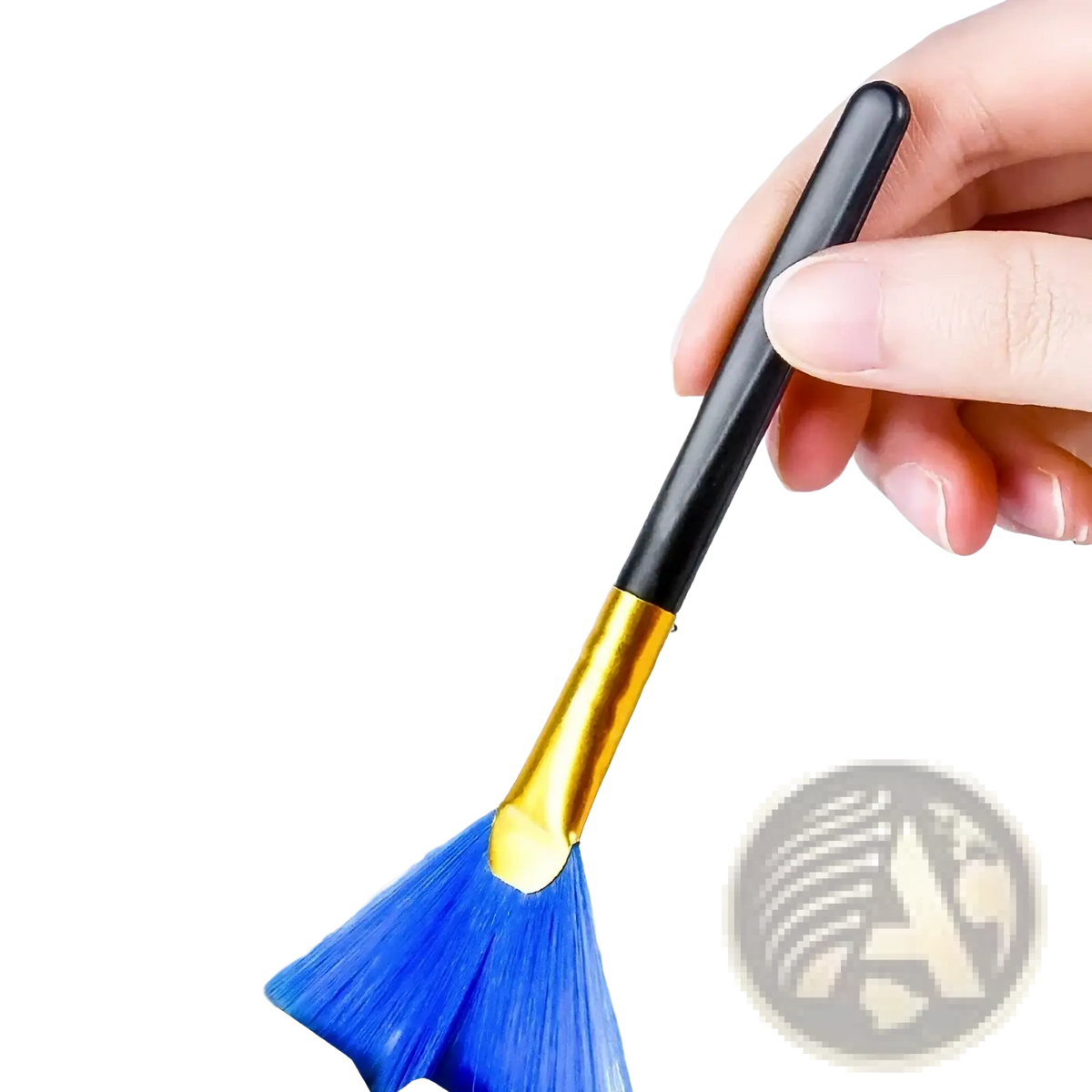 A sleek black and gold-handled keyboard brush with vibrant blue bristles for computer cleaning kit and electronics maintenance