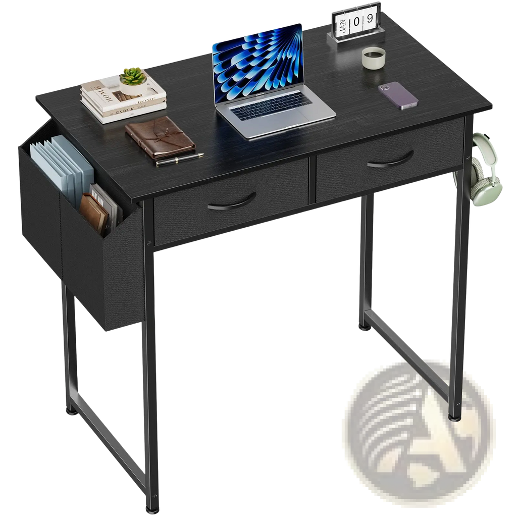Black computer desk with two drawers and a side organizer compartment for storage and workspace organization