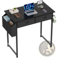 Black computer desk with two drawers and a side organizer compartment for storage and workspace organization