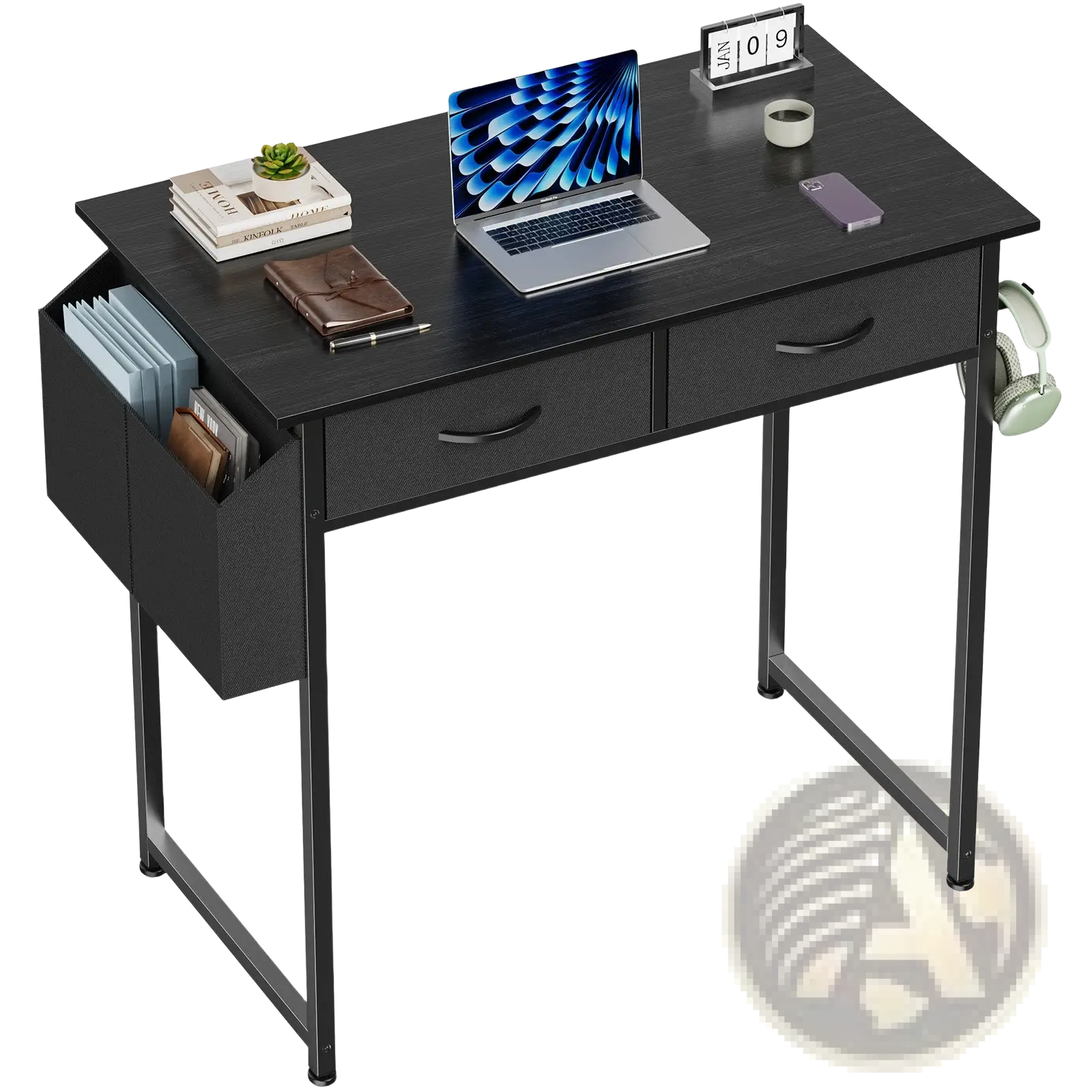 Black computer desk with two drawers and a side organizer compartment for storage and workspace organization