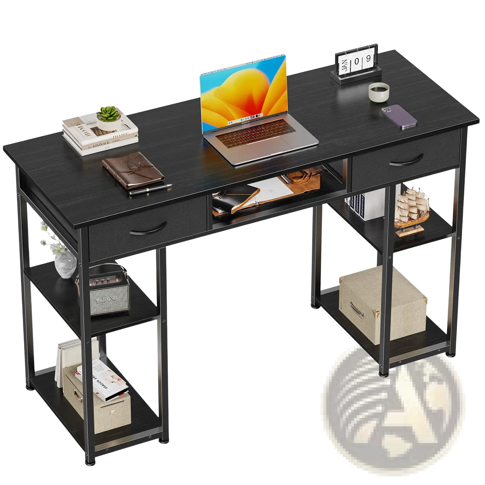 Black computer desk with metal legs, drawers, and open shelving units for organized workspace storage