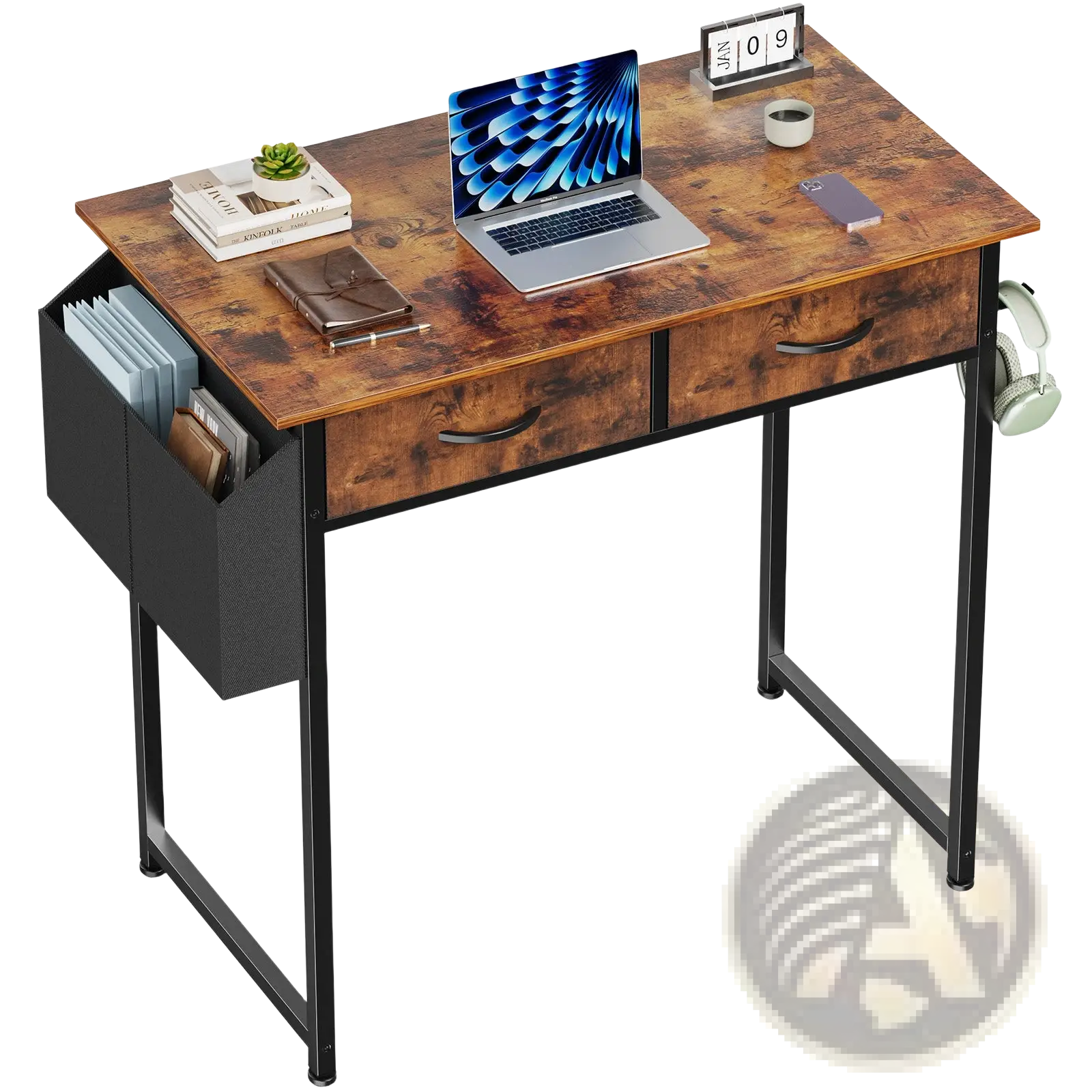 Rustic brown wooden computer desk with black metal legs drawers and a side file organizer for storage and workspace