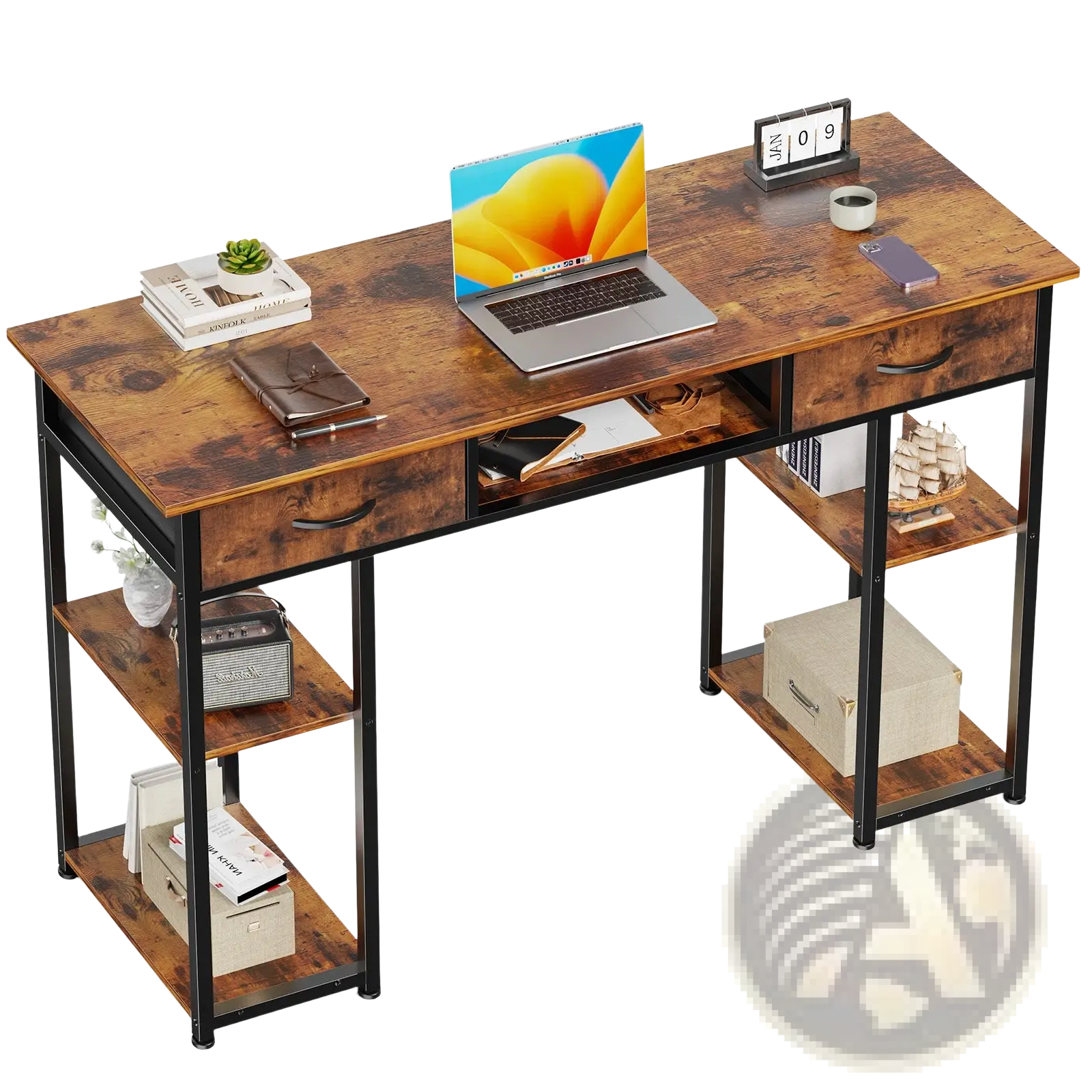 Computer desk with rustic wood top black metal legs drawers and open storage shelves for organized workspace