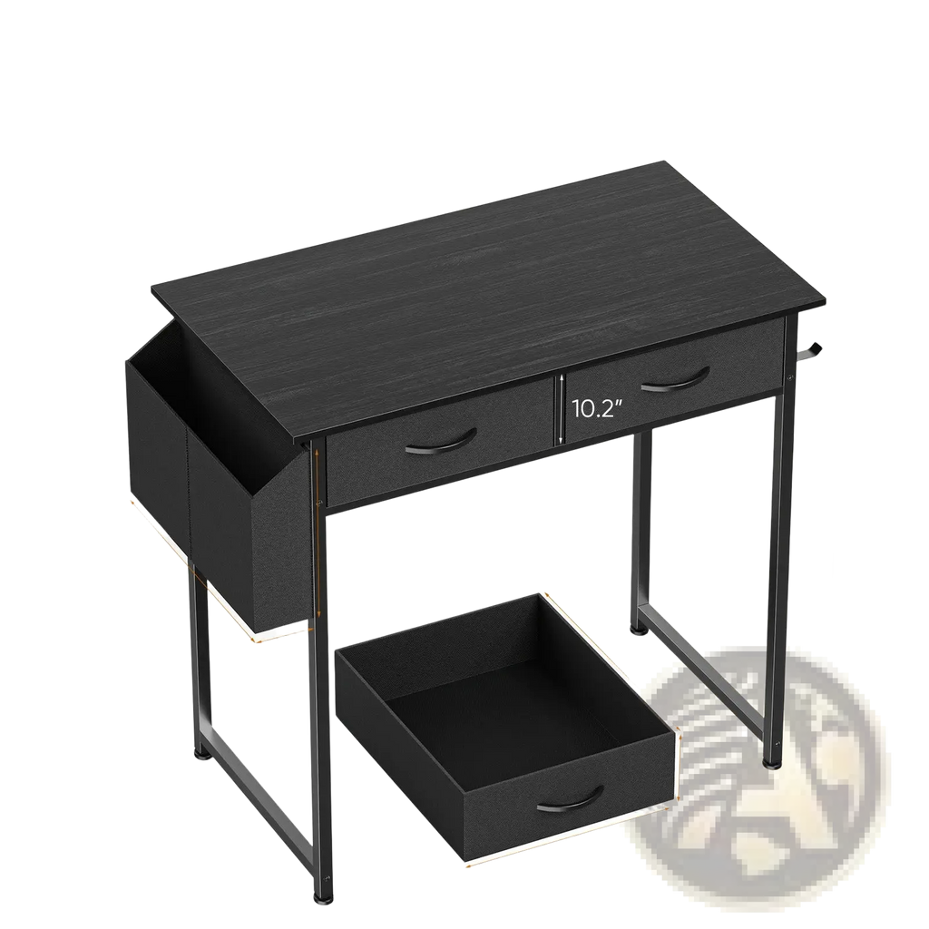 Black wooden computer desk with metal legs featuring two drawers including a pull-out tray and storage shelves