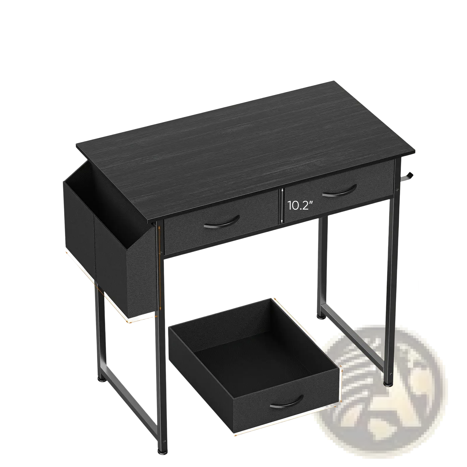 Black wooden computer desk with metal legs featuring two drawers including a pull-out tray and storage shelves