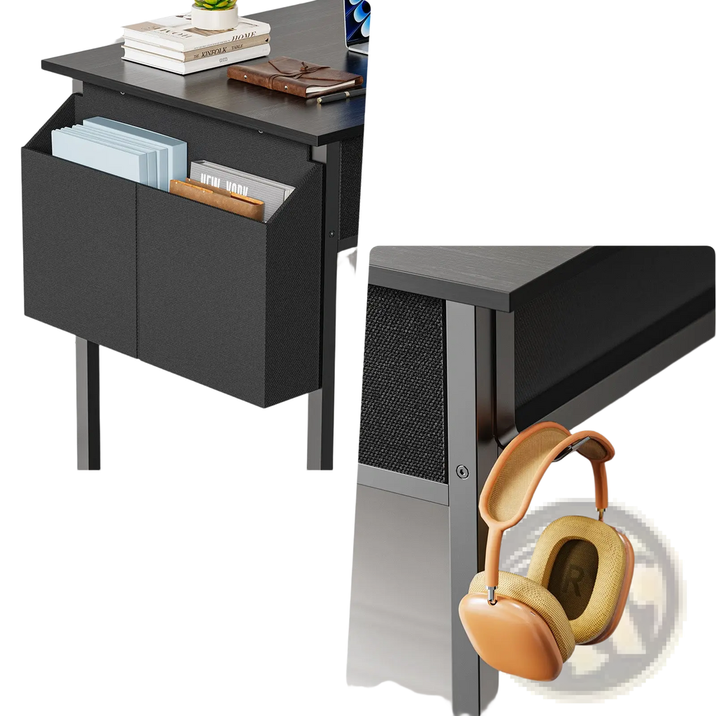 Black iron headphone hook with matte finish securely holding over-ear headphones on computer desk with drawers and shelves