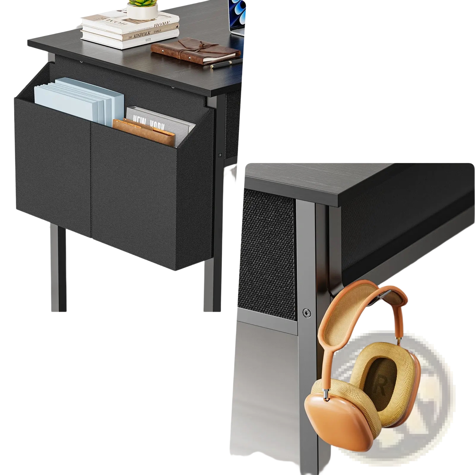 Black iron headphone hook with matte finish securely holding over-ear headphones on computer desk with drawers and shelves