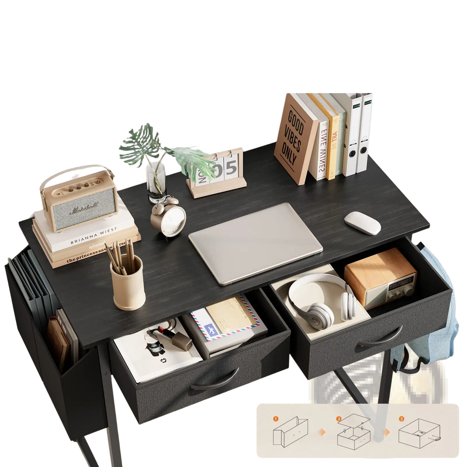 Black computer desk with pull-out fabric drawers and storage shelves for office organization and workspace efficiency