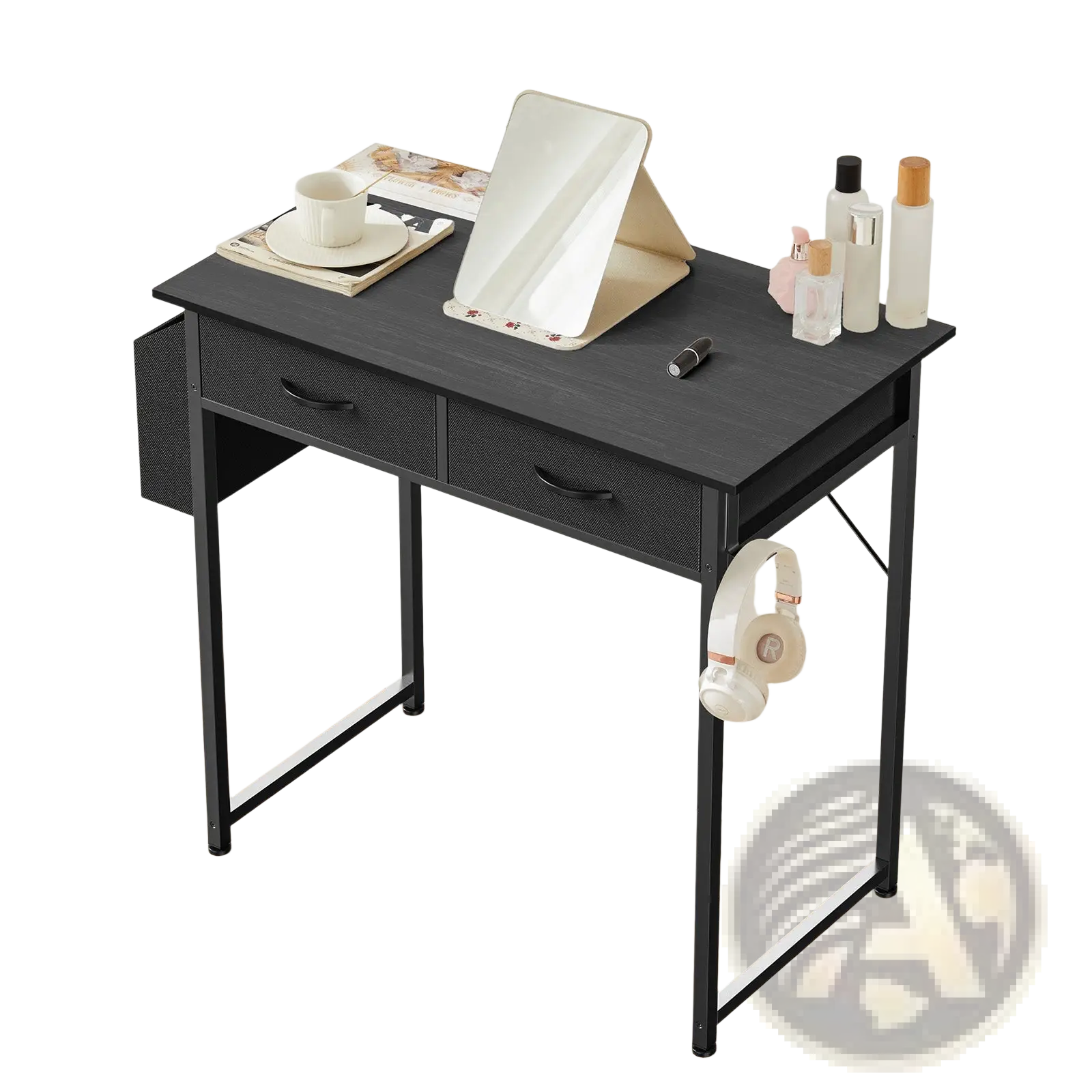 Black computer desk with two drawers textured surface sleek metal legs modern minimalist design with storage shelves