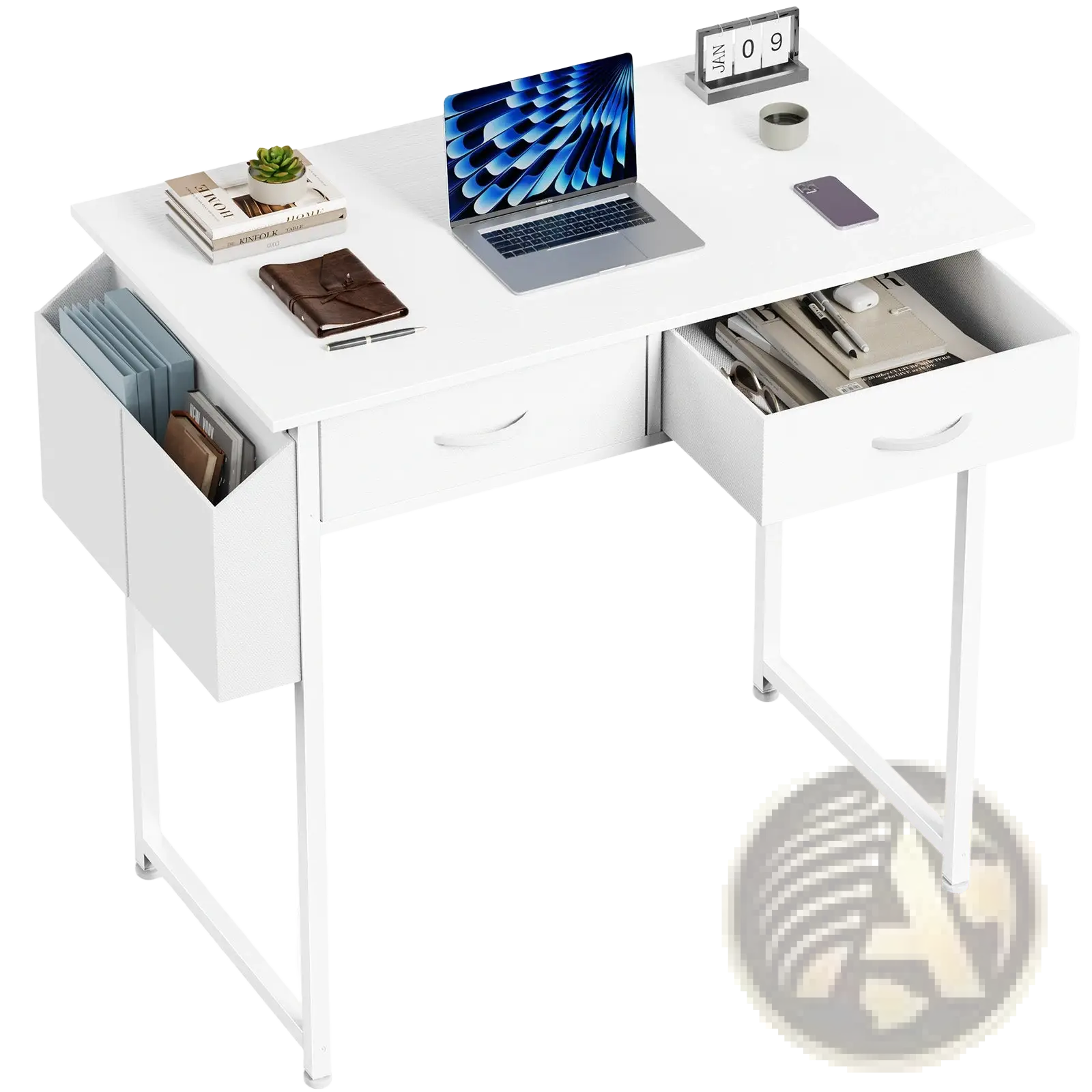 White minimalist computer desk with two drawers and side storage shelves for office organization and workspace use