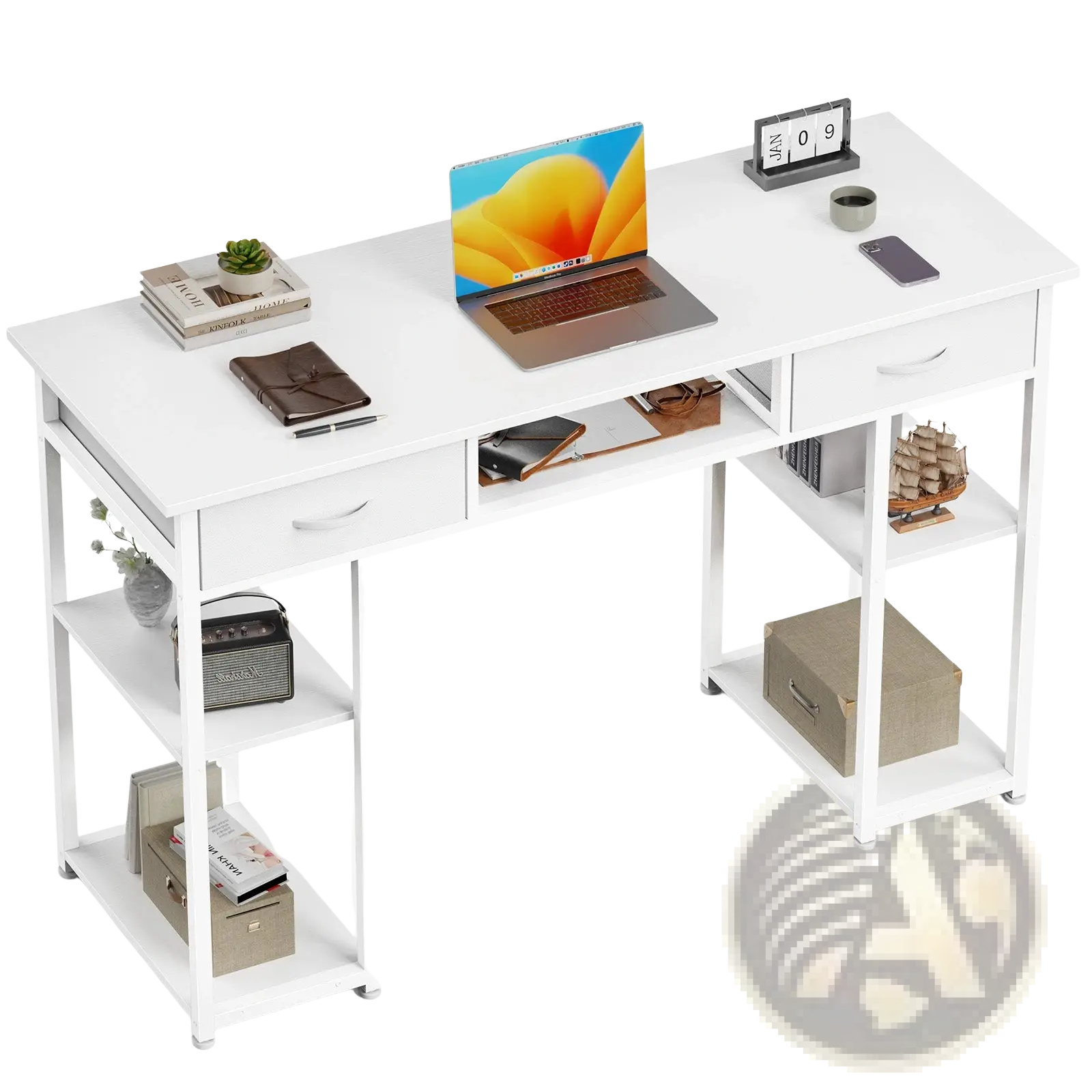 White computer desk with drawers and open storage shelves designed for organized workspace efficiency