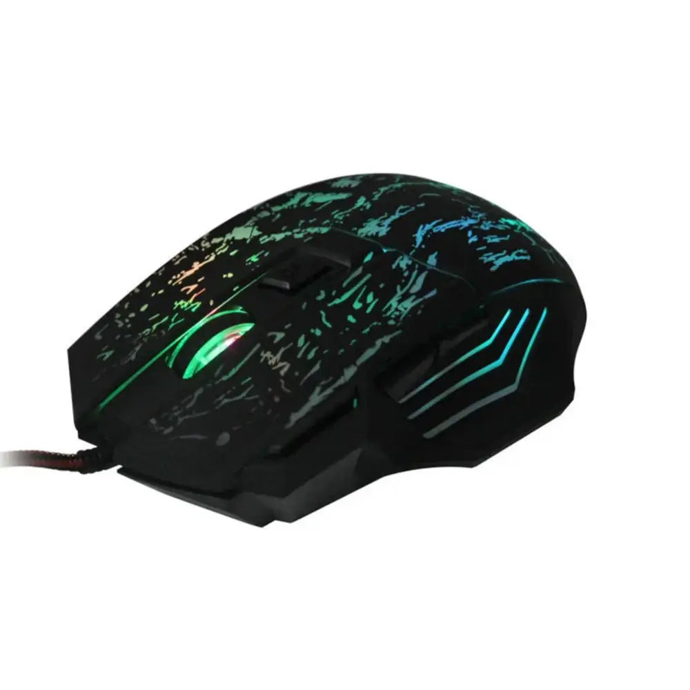 Arbaglobal Precision RGB ergonomic gaming mouse in black with glowing green and teal LED accents on textured splattered design