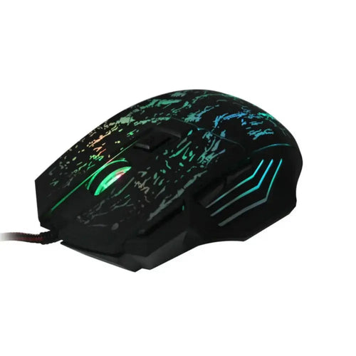 Arbaglobal Precision RGB ergonomic gaming mouse in black with glowing green and teal LED accents on textured splattered design