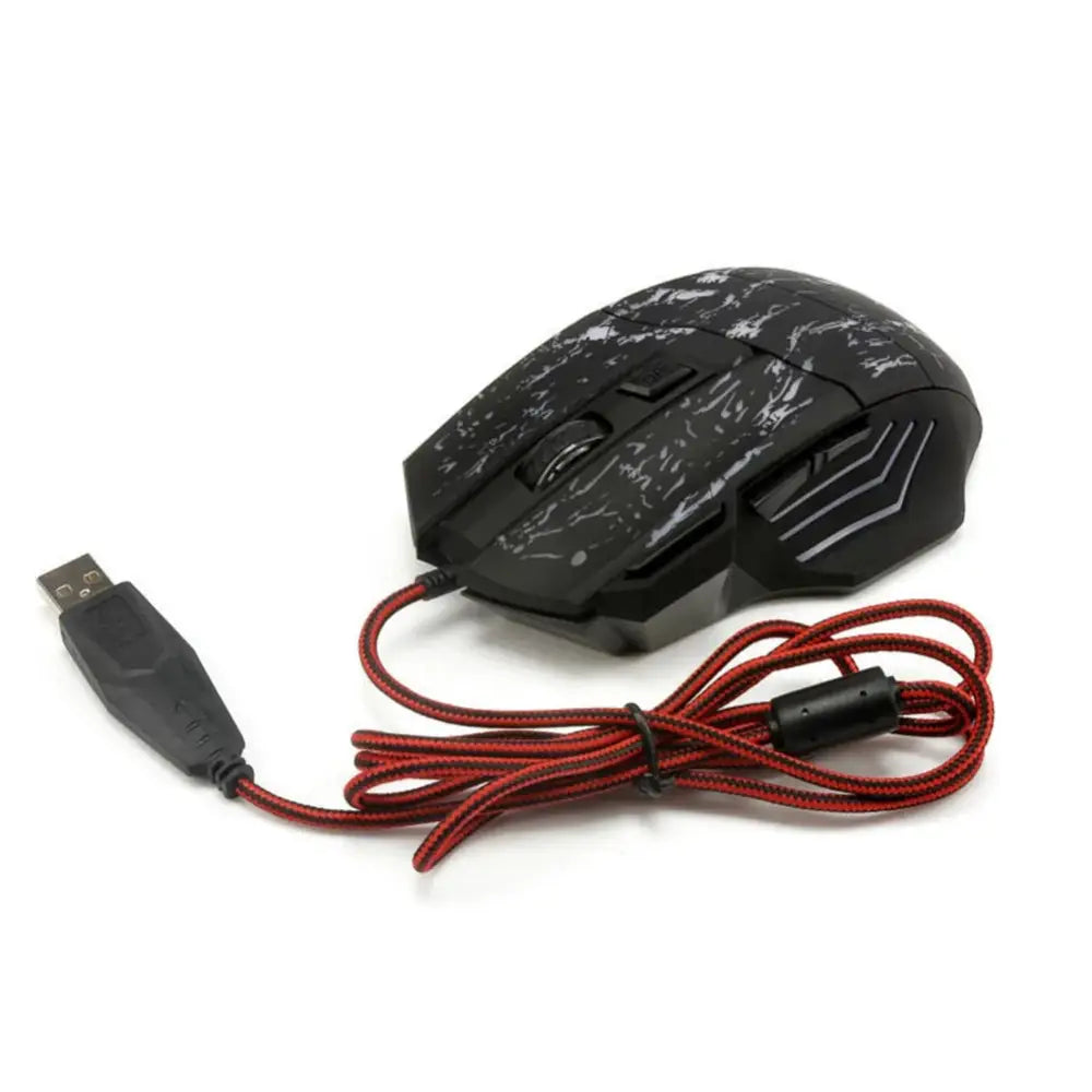 Arbaglobal Precision rgb ergonomic gaming mouse in black with cracked white pattern and red braided cable