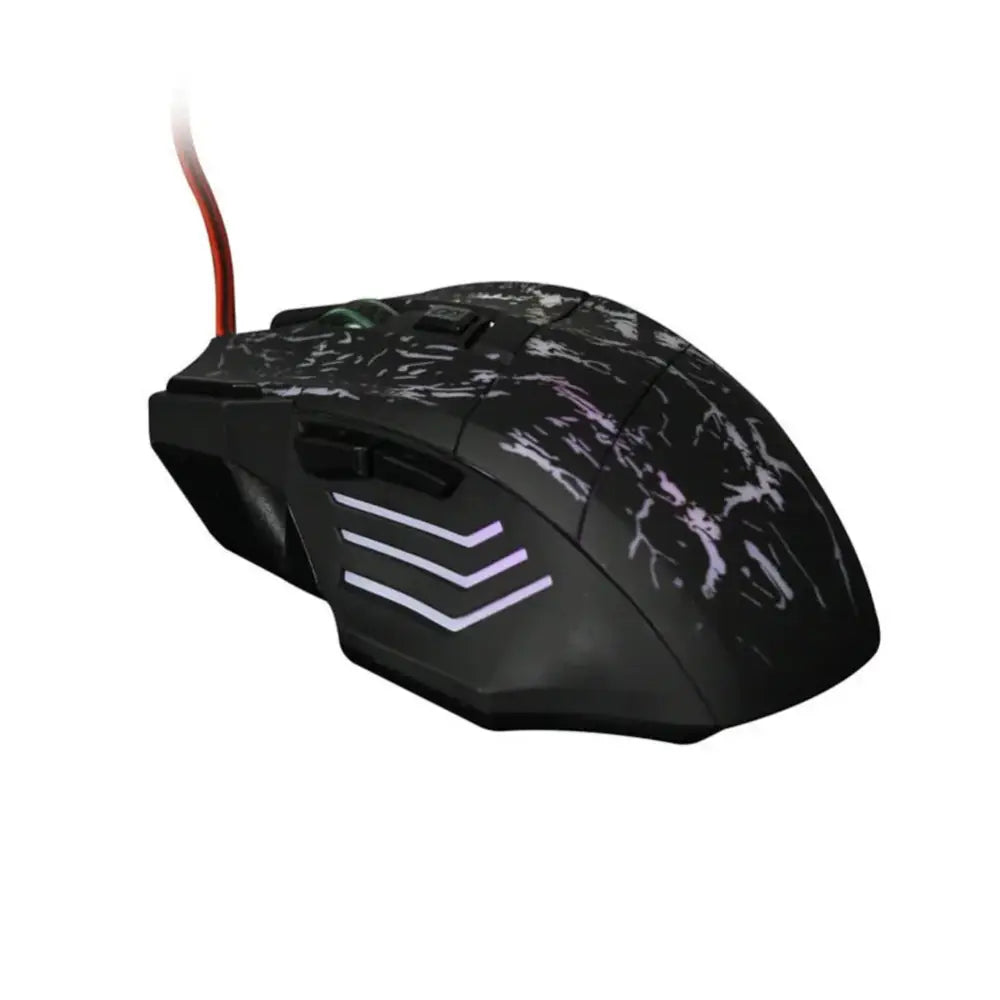 Arbaglobal precision rgb ergonomic gaming mouse in black with white marble pattern purple led stripes and orange cable