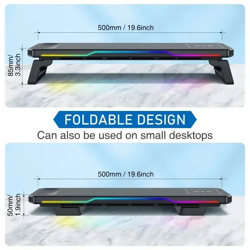 Black foldable computer monitor riser with rgb lighting edge and wireless charging pad supporting input port voltage