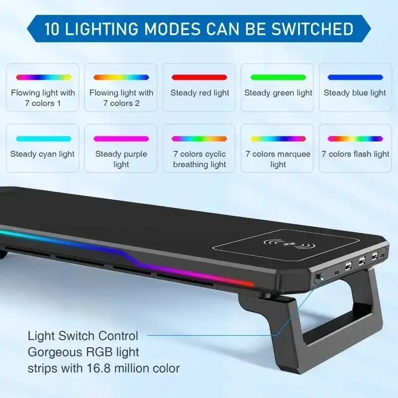 Black wireless charging computer monitor riser with rgb lighting strips and multiple usb ports for desk use