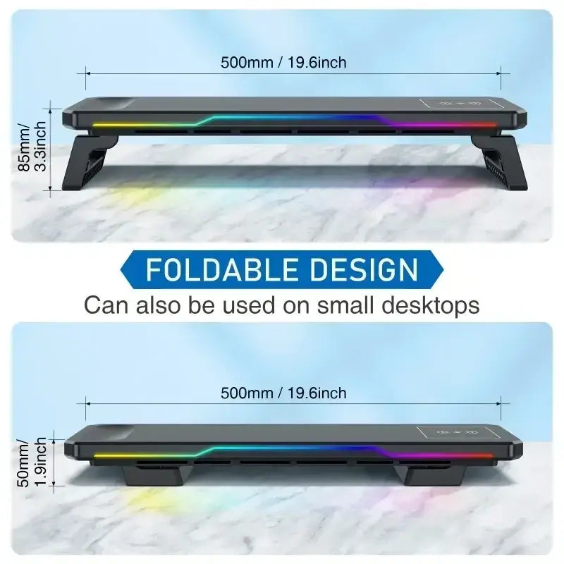 Black foldable computer monitor riser with rgb lighting edge and wireless charging for ergonomic workspace setup