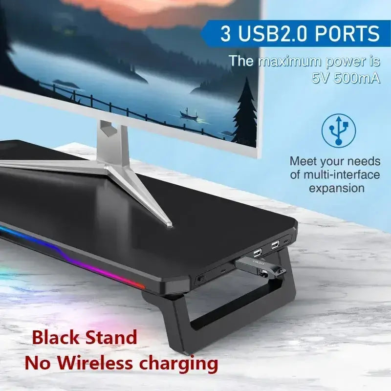 Black plastic computer monitor riser with wireless charging and rgb lighting along its edge for gaming setup