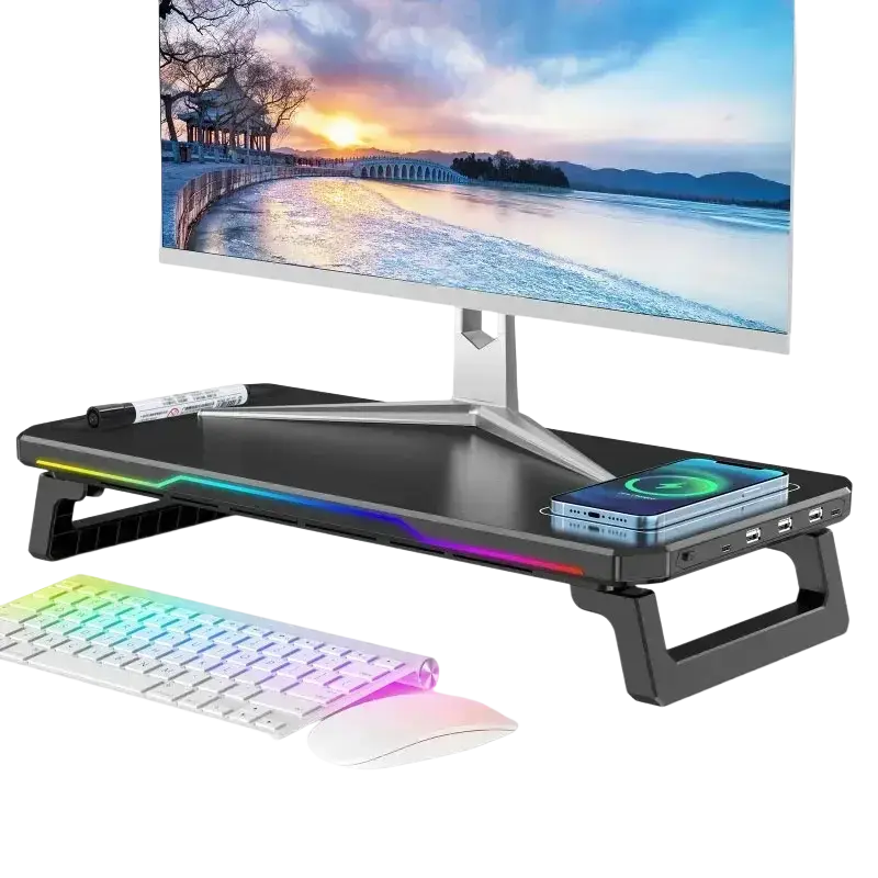 Black computer monitor riser with rgb lighting wireless charging and multiple usb ports for enhanced desk setup