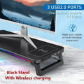 Black computer monitor riser with wireless charging rgb lighting and three usb 2 0 ports for multi-interface expansion