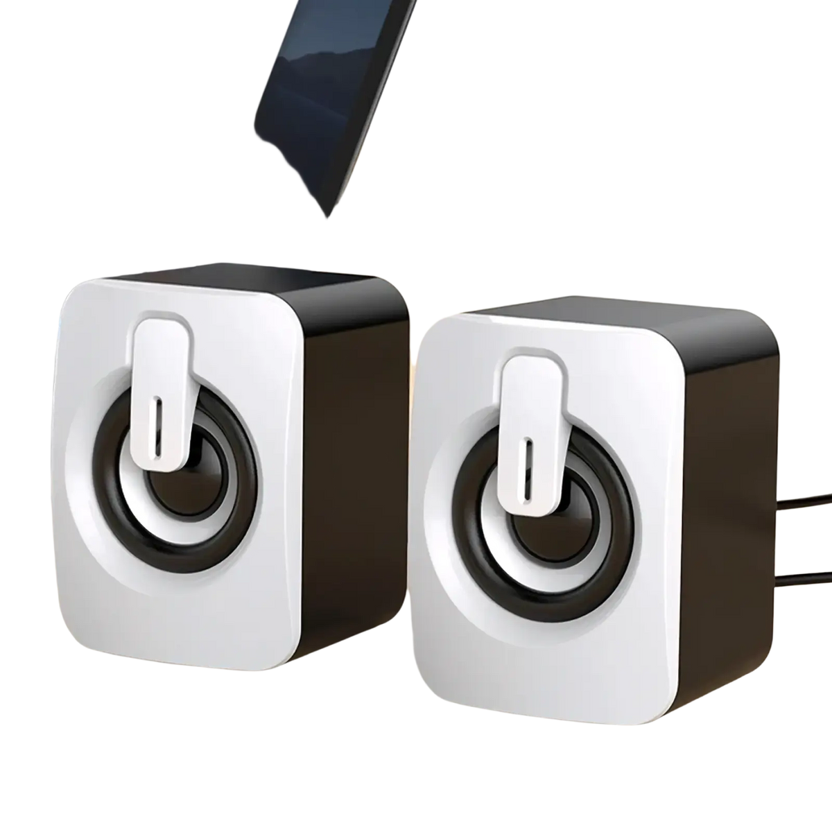 A pair of sleek cube-shaped white and black usb mini computer speakers for stereo desktop sound system use