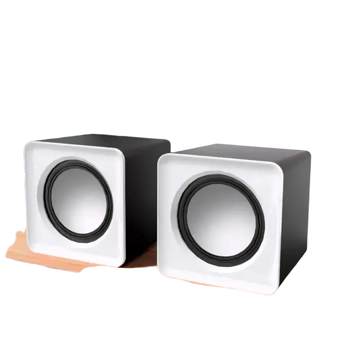 Pair of sleek black and white usb mini computer speakers with circular drivers for desktop stereo sound system use