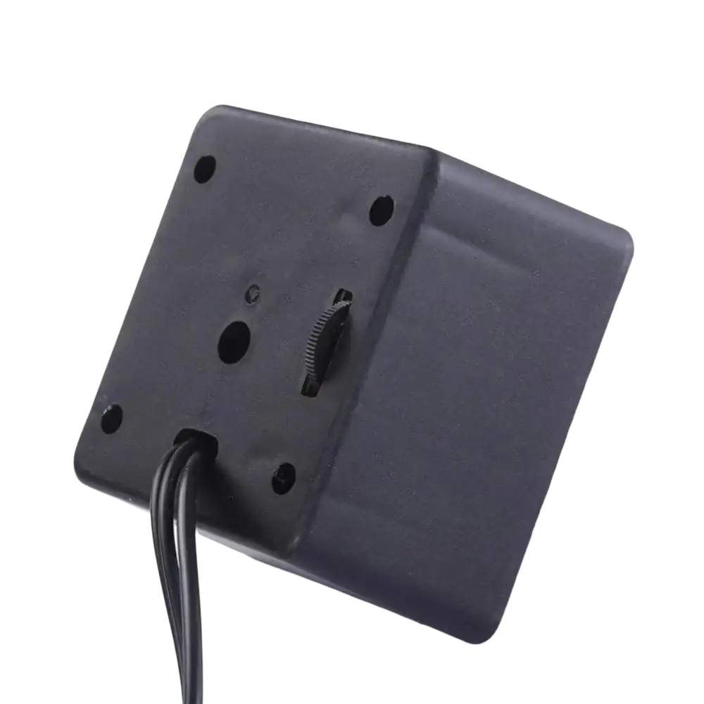 Black rectangular usb mini computer speaker with textured surface, four mounting holes, and a gear-like dial on back side