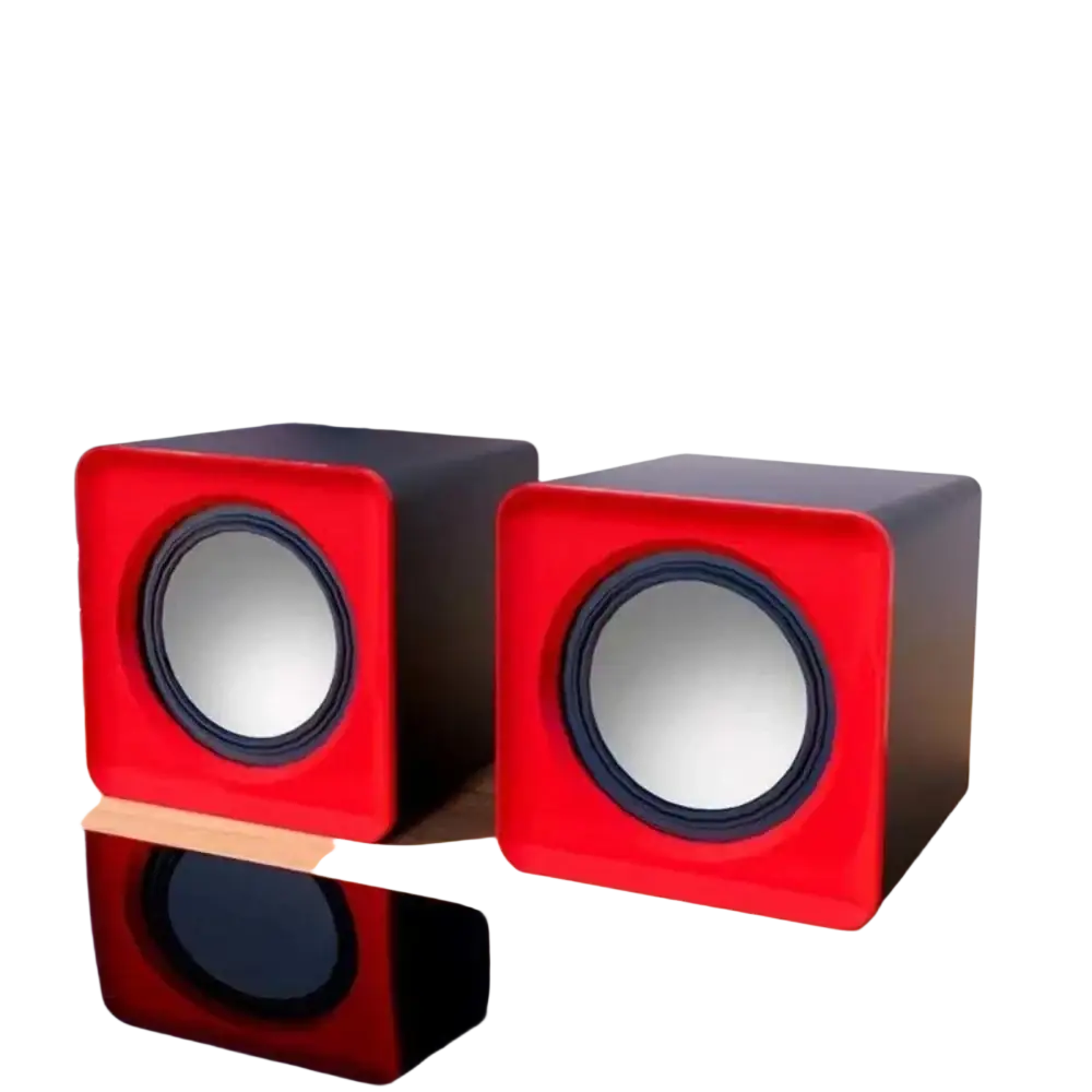 Usb mini computer speakers stereo desktop sound system in red and black with a square design for enhanced audio