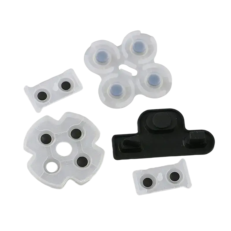 Conductive rubber pad set for playstation 3 controller with clear plastic button caps and black and blue circular inserts