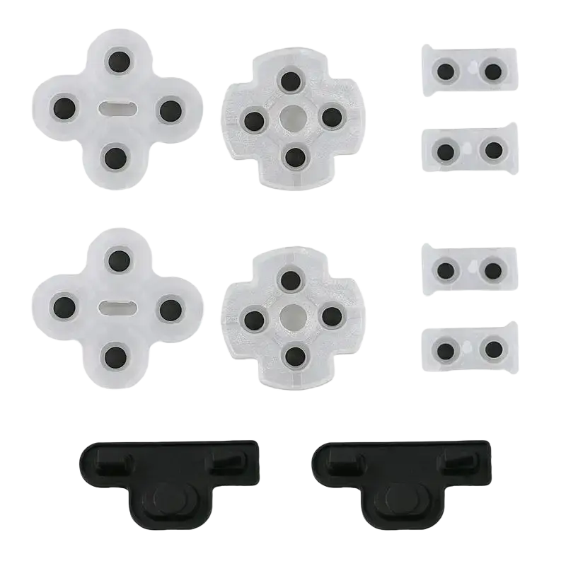 White plastic conductive rubber pad set for playstation 3 controller with black button centers and mounting clips