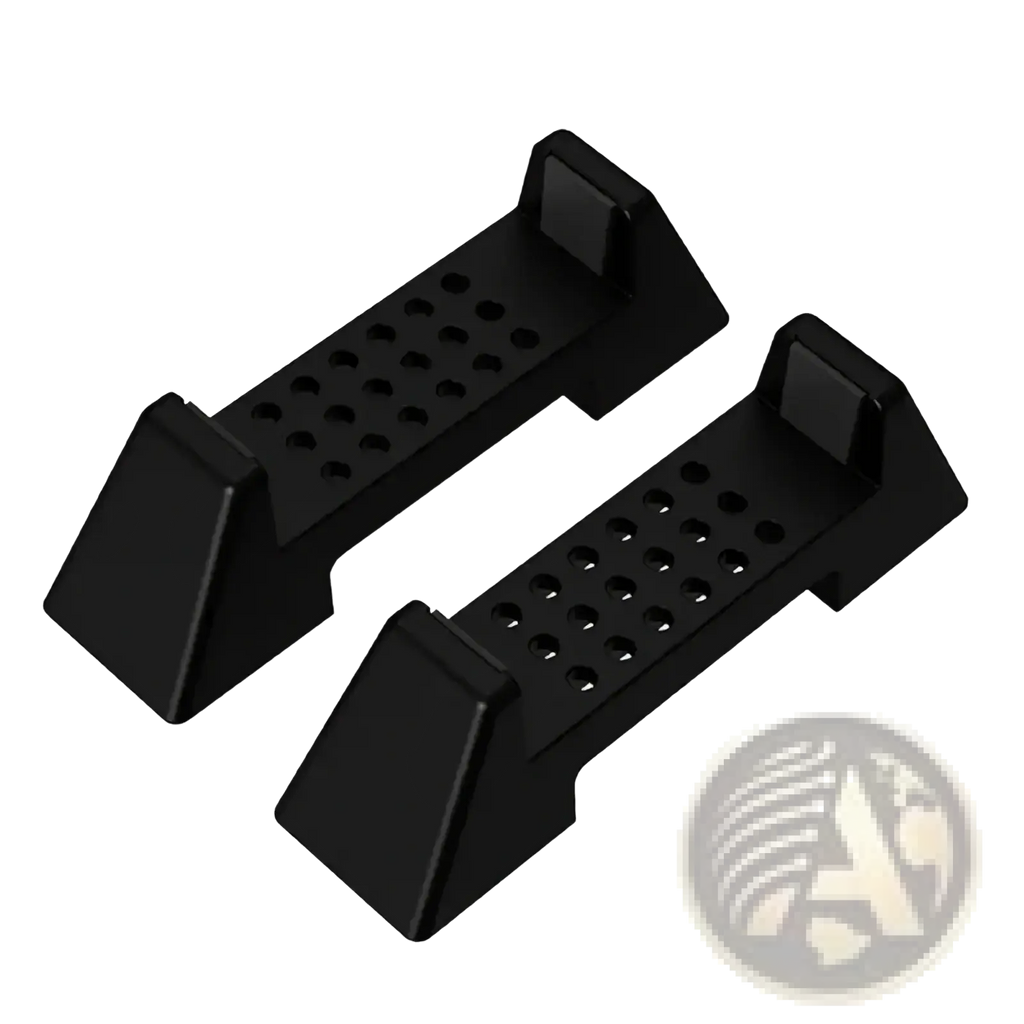 Black plastic console dock stand abs gaming support bracket with textured perforated surface and angular design