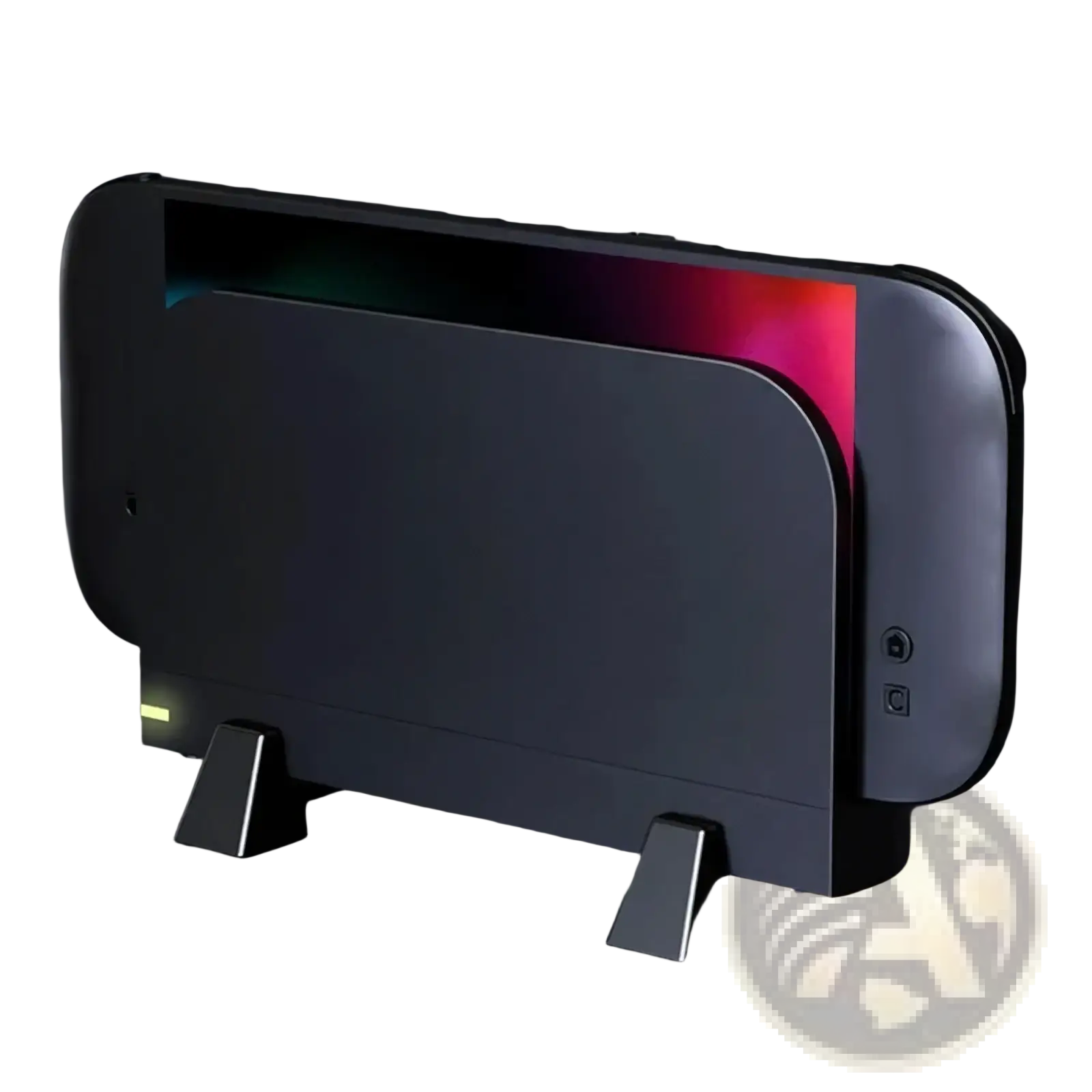 Black Nintendo Switch console with sleek matte finish and vibrant rgb lighting on top edge shown with ABS gaming dock stand